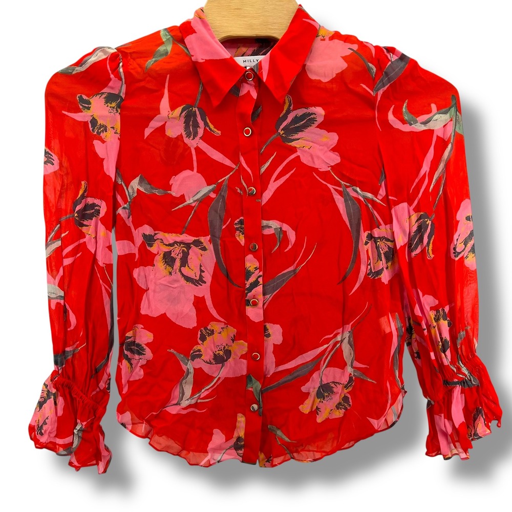 Milly Red Pink Tulip Floral Print Rayon Blouse Ruffle‎ Cuff Button Down Size M